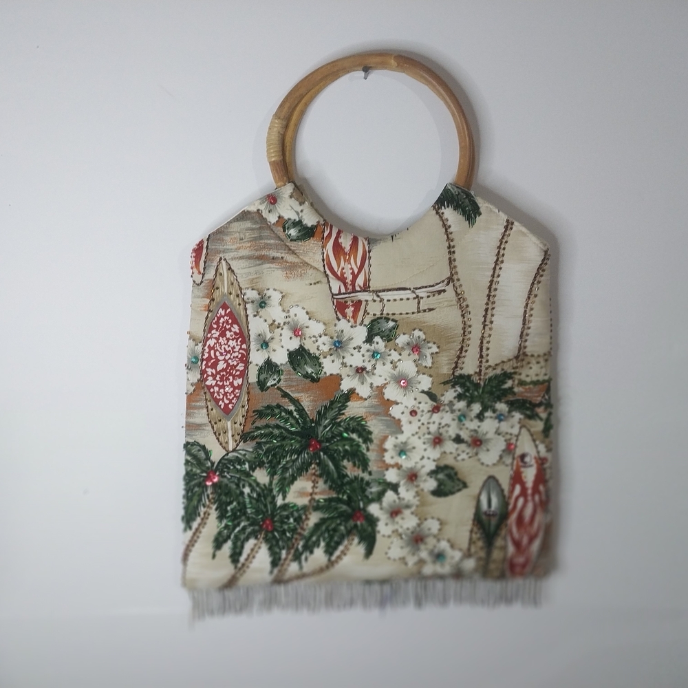 Mystique Boutique Floral and Palm Tote with Wooden Handle. Hand Made Rayon